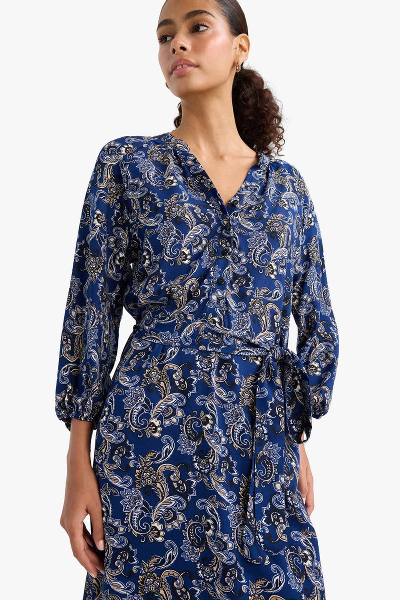 DeFacto Blue Woman Floral Long Sleeve Dress Casual - Image 3